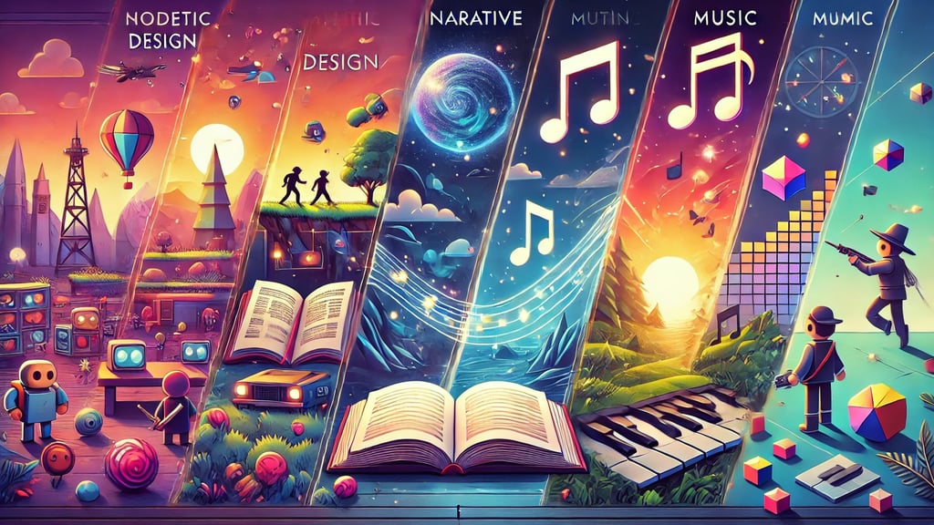 quatro partes que representam design visual, narrativa, música e gameplay, conectadas