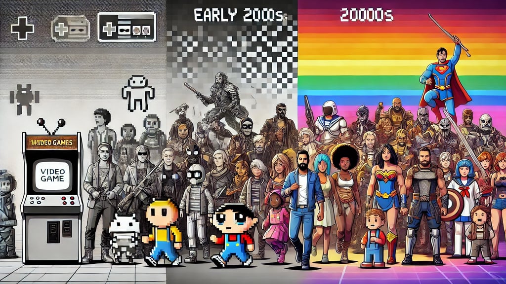 À esquerda, uma tela de arcade com personagens pixelados e estereotipados.