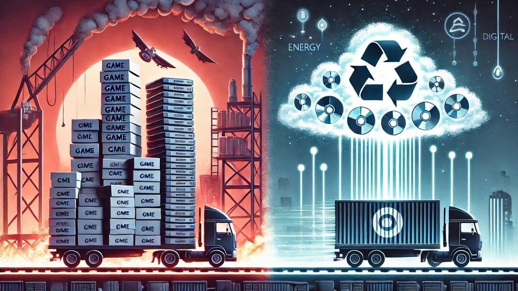 Contraste visual entre distribuição física com poluição e distribuição digital com energia sustentá