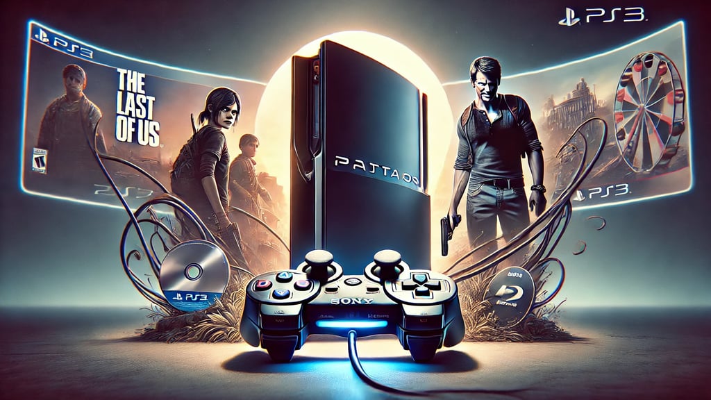 O PS3 em destaque com sua forma curva e brilhante, acompanhado do controle DualShock 3 em um cenário