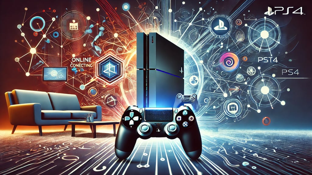 Um console inspirado no PS4 e um controle em um cenário futurista, com linhas de luz abstratas 