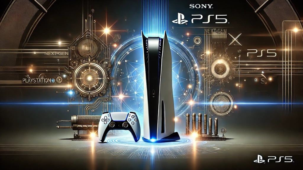 Uma silhueta de console inspirada no PS5 em um ambiente tecnológico com luzes estendidas