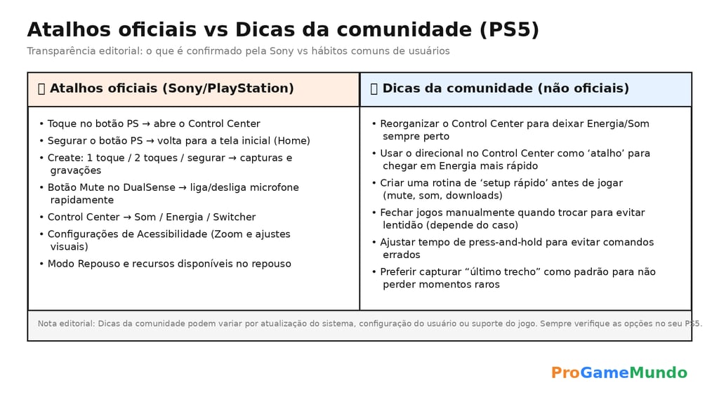 Quadro comparando atalhos oficiais do PS5 e dicas da comunidade com transparência