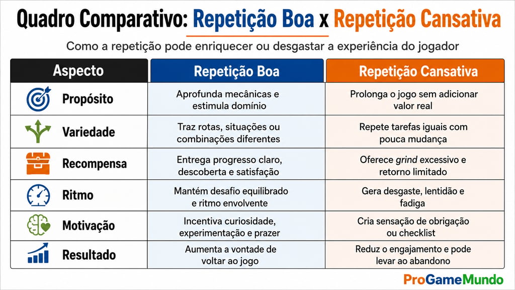 Quadro comparando repetição boa e cansativa nos games