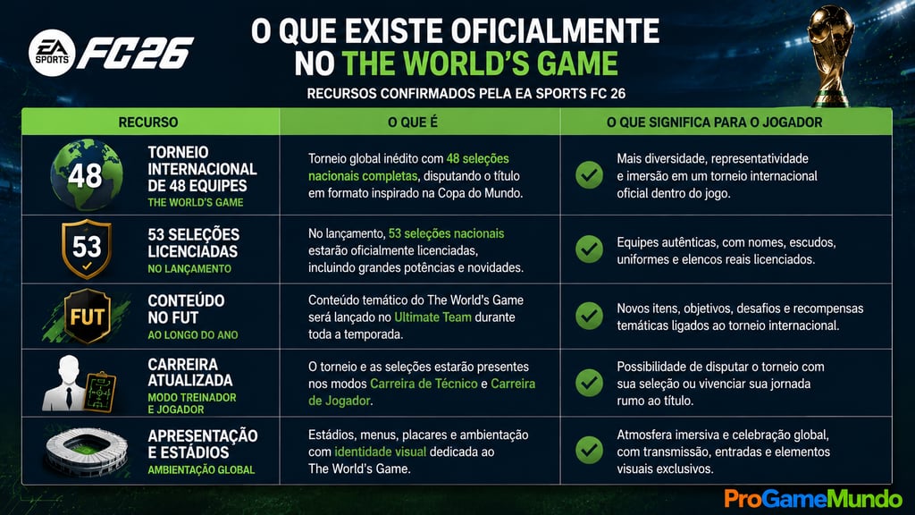 Quadro com recursos oficiais do The World’s Game em EA Sports FC 26