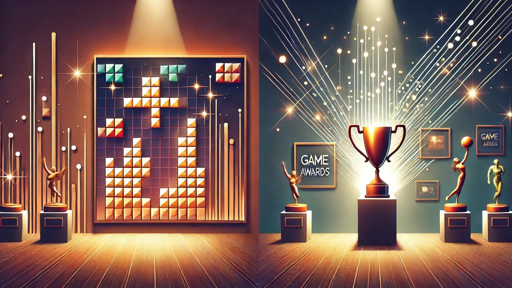 galeria de jogos digitais à esquerda e uma vitrine de prêmios à direita, conectadas por luzes