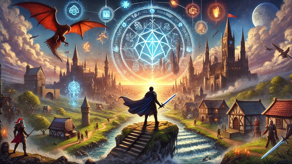 herói em uma paisagem fantástica, com uma cidade medieval ao longo, runas mágicas e criaturas