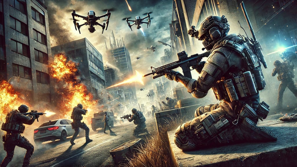 soldado em um ambiente urbano distópico, envolvido em um tiroteio intenso com drones e inimigos