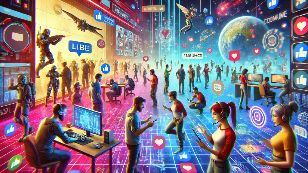 Avatares interagindo em um mundo digital multiplayer, destacando colaboração e comunicação.
