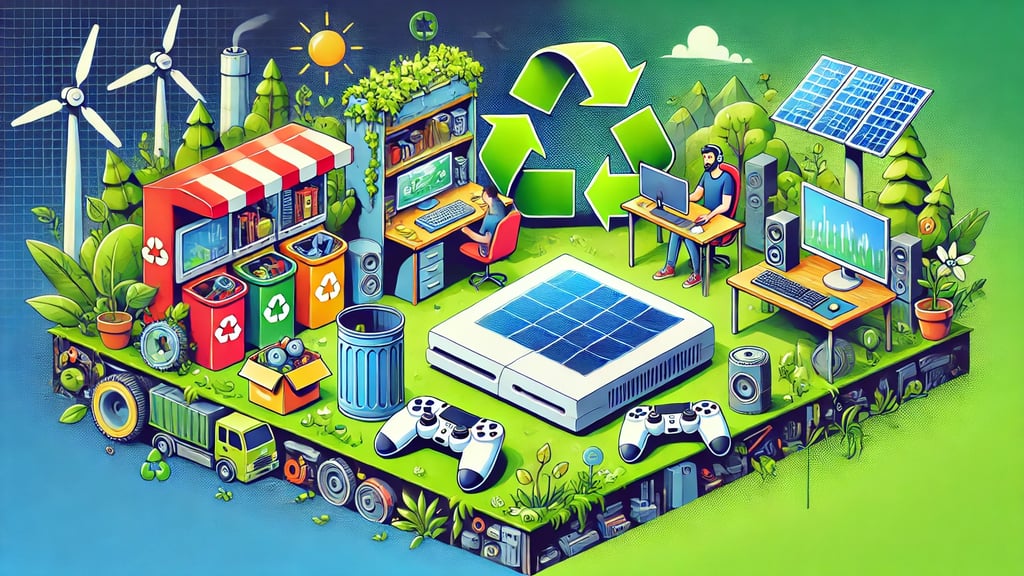 Estação de reciclagem, desenvolvedores ecológicos e um console solar representando sustentabilidade 