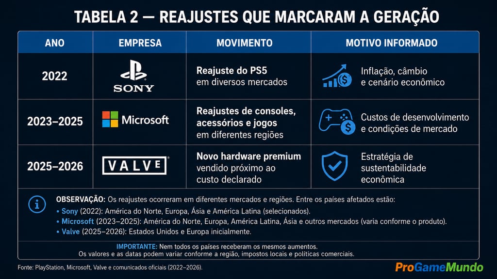 Tabela compara reajustes de preços da Sony, Microsoft e Valve entre 2022 e 2026