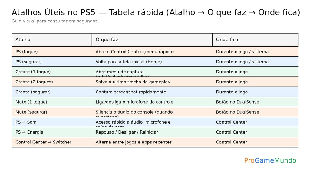 Tabela de atalhos do PS5 com função e localização no controle e no sistema