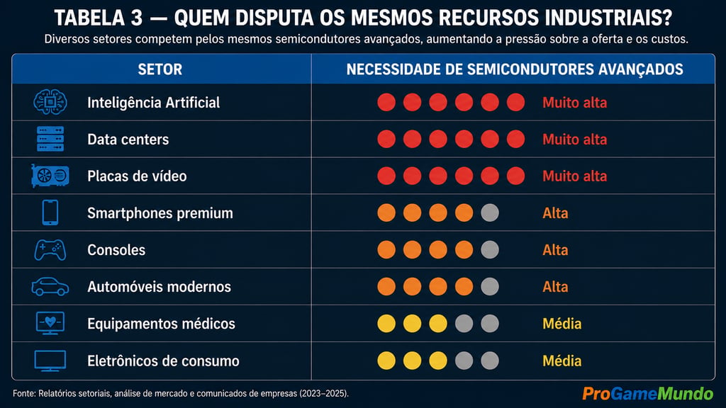 Tabela compara setores conforme a demanda por semicondutores avançados