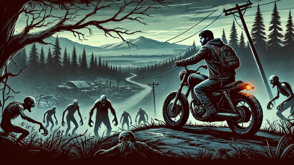 a man riding a motorcycle in a forest