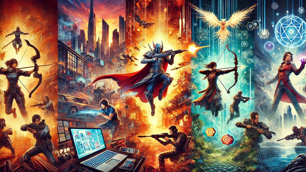 heróis, jogos de azar, magia e mapas estratégicos, destacando a diversidade e criatividade