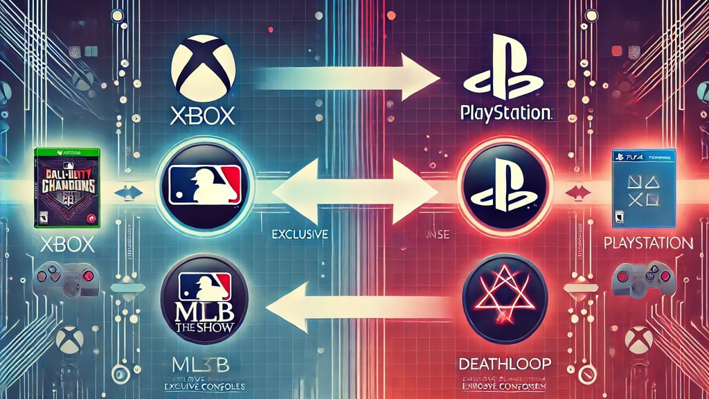Ilustração de jogos exclusivos MLB: The Show e Deathloop mudando de plataforma.