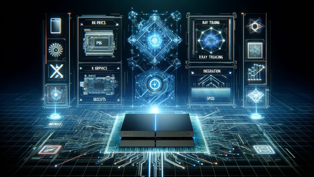 Representação futurista do PS6 com hologramas exibindo especificações como 8K, ray tracing e IA