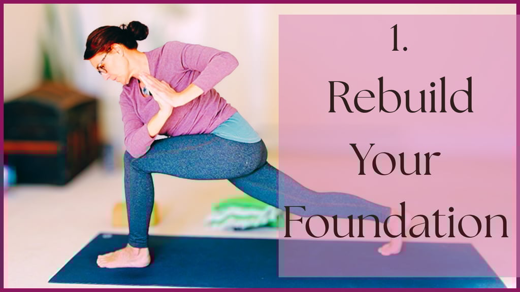 A woman practices a revolved side angle yoga pose on a mat to rebuild her foundation.