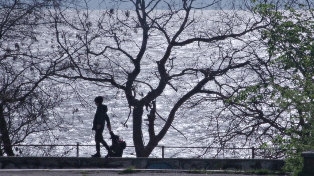 a man walking down a sidewalk with a dog