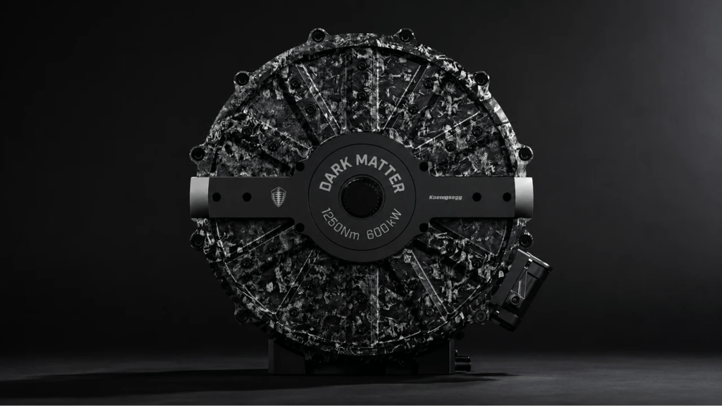 Motor elétrico Dark Matter da Koenigsegg com 800 cv e design compacto em fundo escuro
