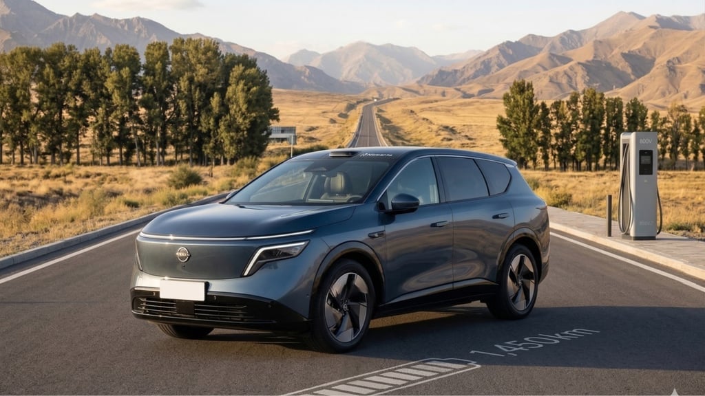 Nissan NX8 cinza em estrada com autonomia de 1450 km e tecnologia elétrica avançada