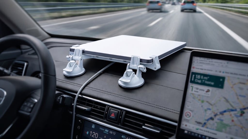 Starlink Mini no painel do carro funcionando em estrada com internet via satélite em movimento