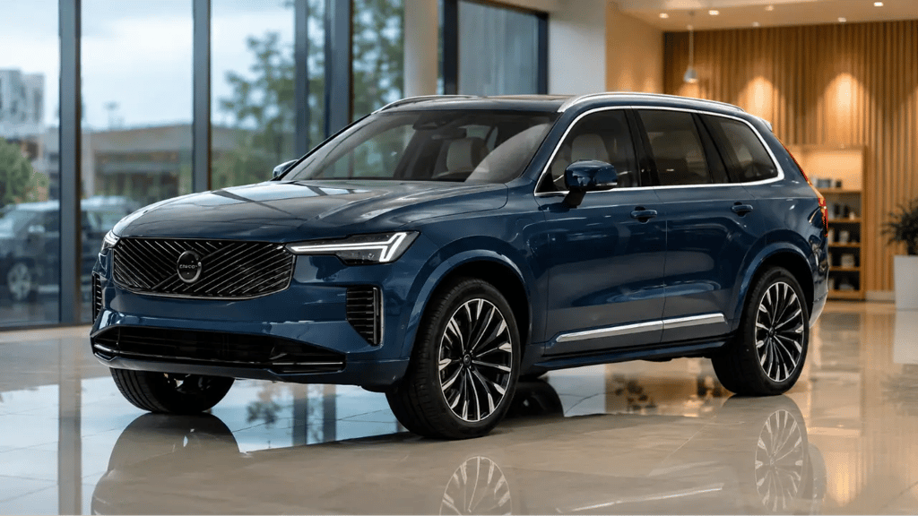 Novo Volvo XC90 híbrido em showroom com piso brilhante e visual premium