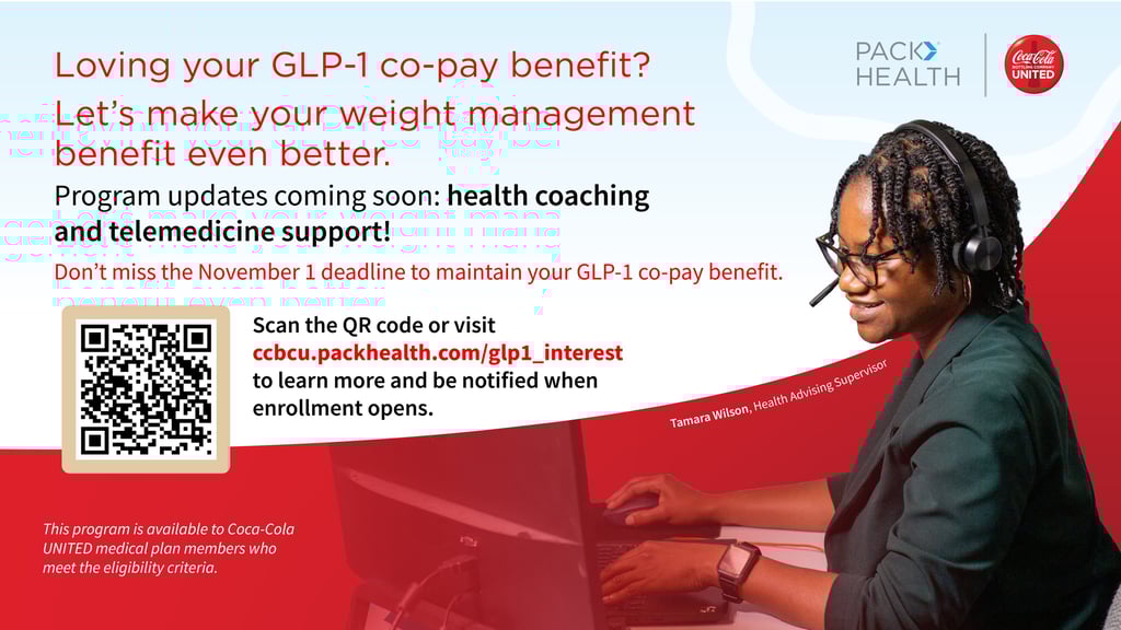 Health advisor wearing a headset next to GLP-1 weight management program updates and a QR code.