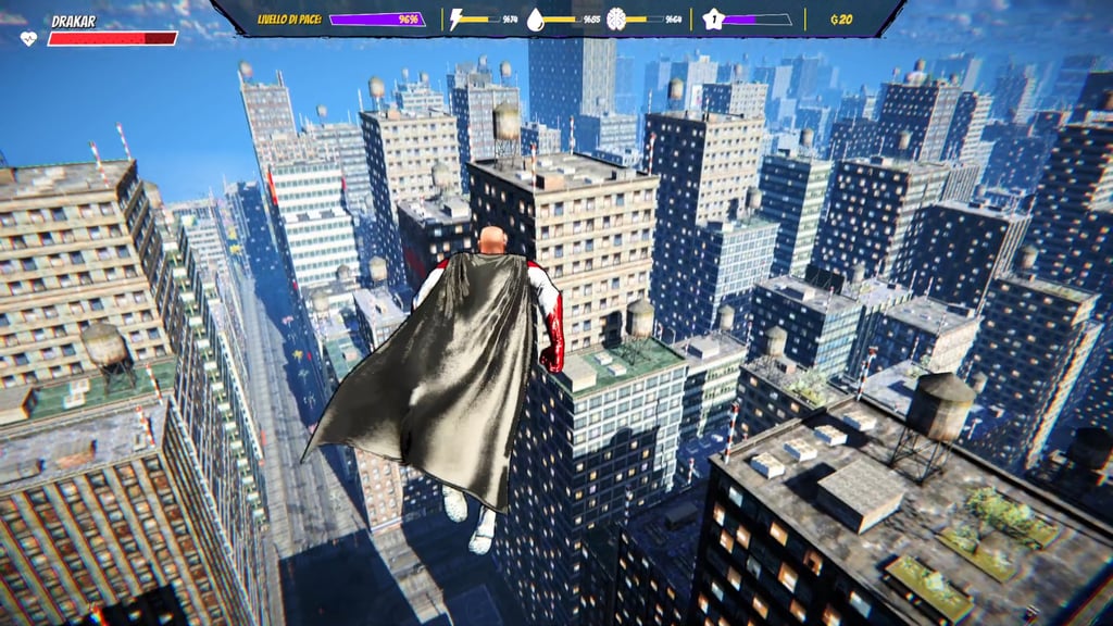 Immagine di un supereroe che sorvola la città.