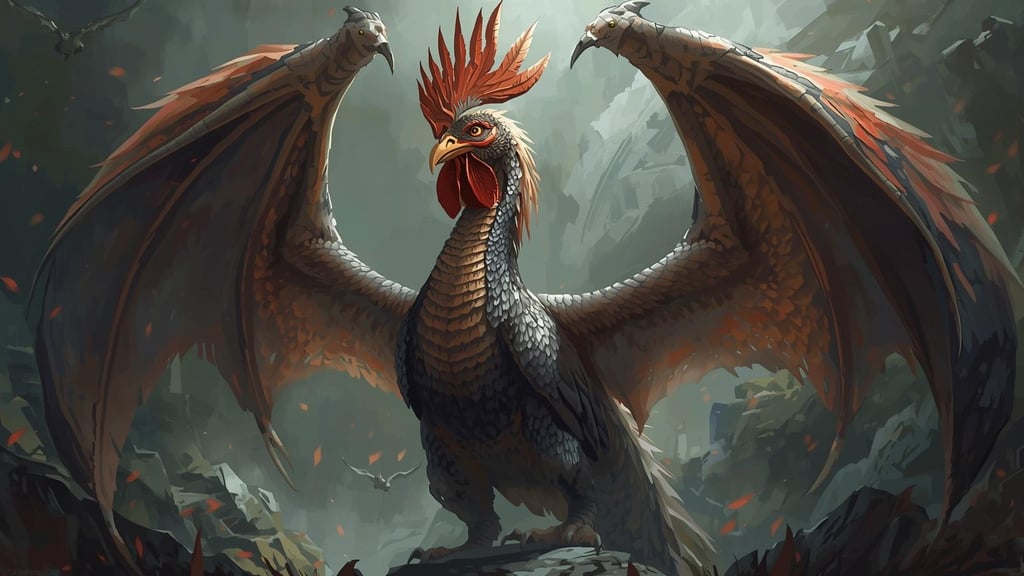 Immagine del basilisco, enorme mostro simile ad un ibrido tra un serpente e un gallo