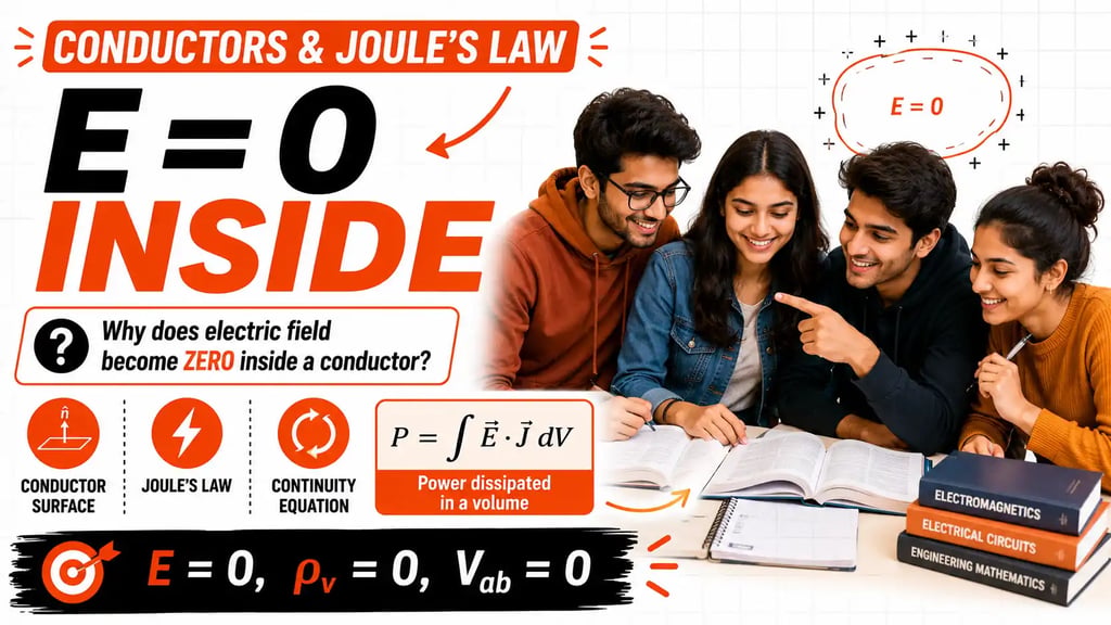 Conductors in electromagnetics explained with electric field properties, Joule’s Law and continuity 