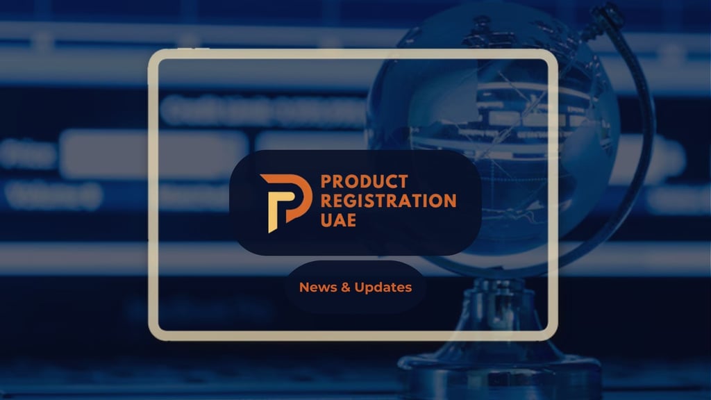 Product Registration UAE Logo News & Updates and a globe background