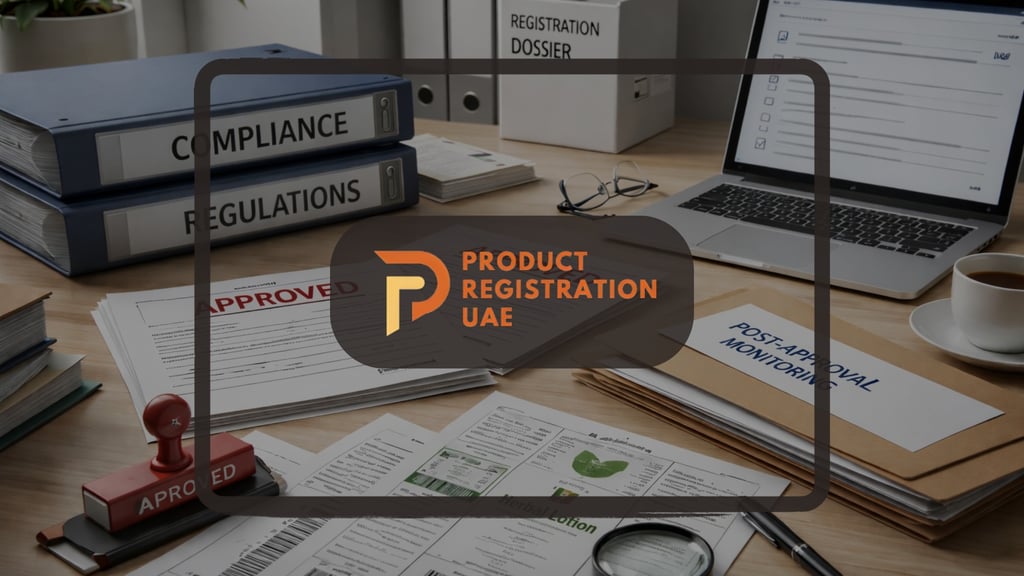Post-approval compliance workspace showing approved product dossiers, regulatory documents & Product Registration UAE logo