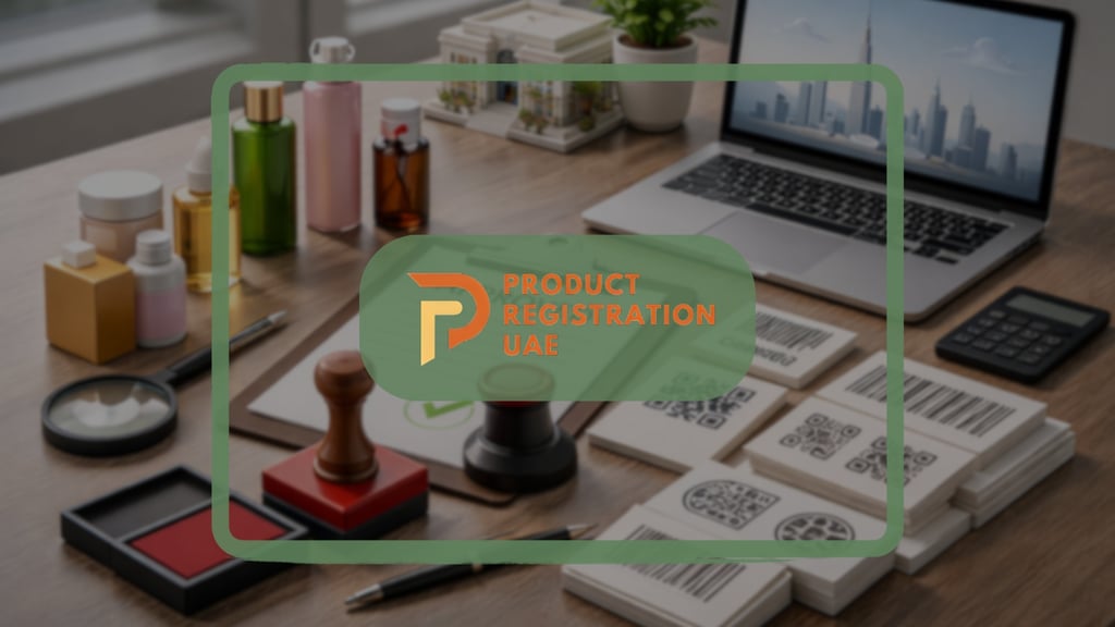 Dubai Municipality approval workspace showing product documents, barcode labels, and registration review setup.