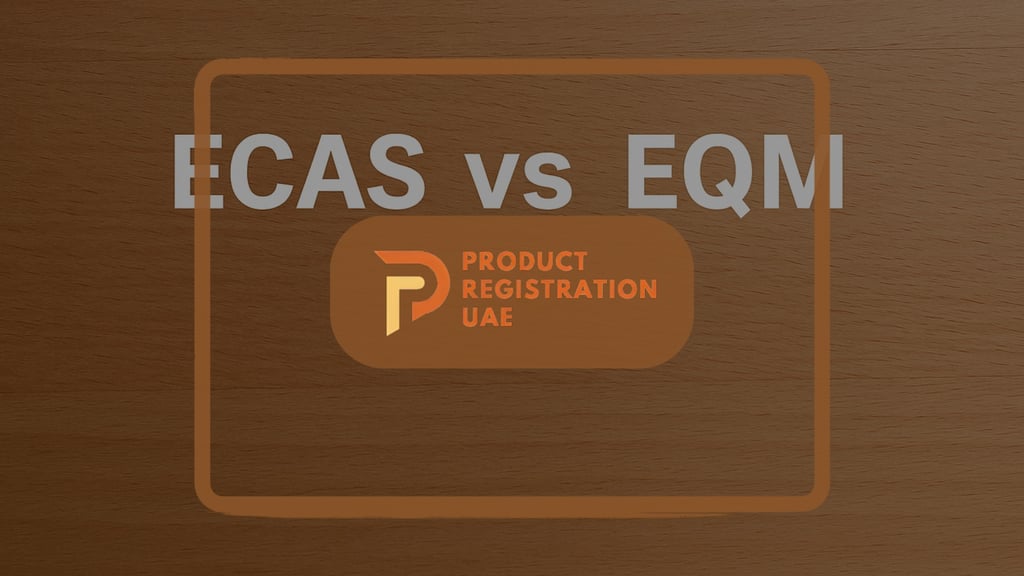 ECAS vs EQM title on a wooden background with Product Registration UAE logo in the center.