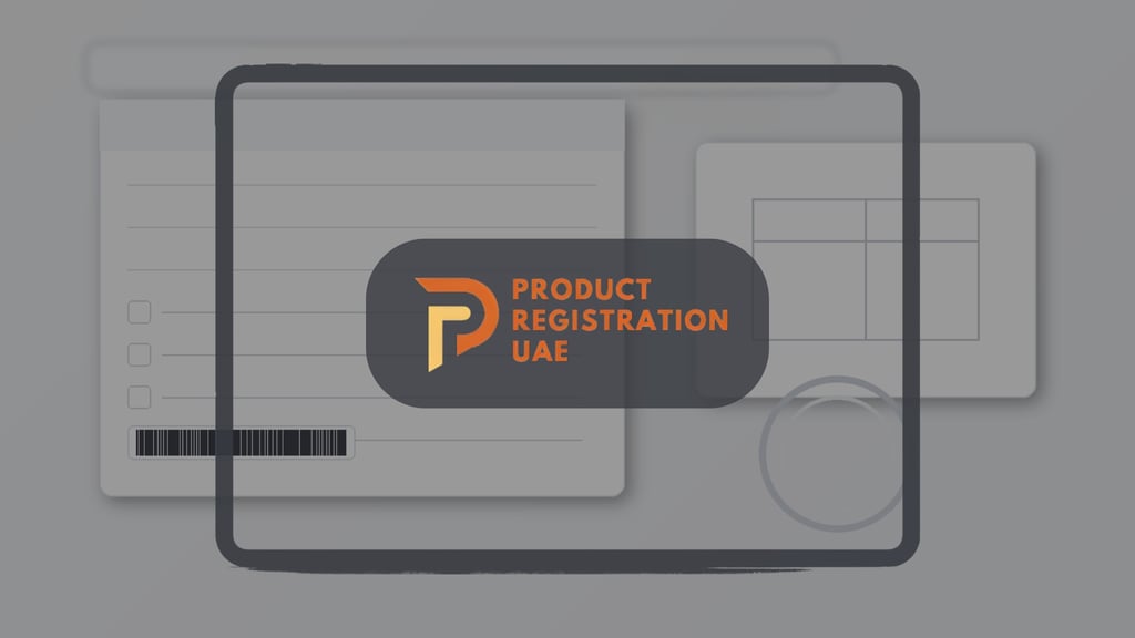 E-commerce listing mockup with forms, checklist, barcode and a browser frame, representing UAE marketplace compliance.