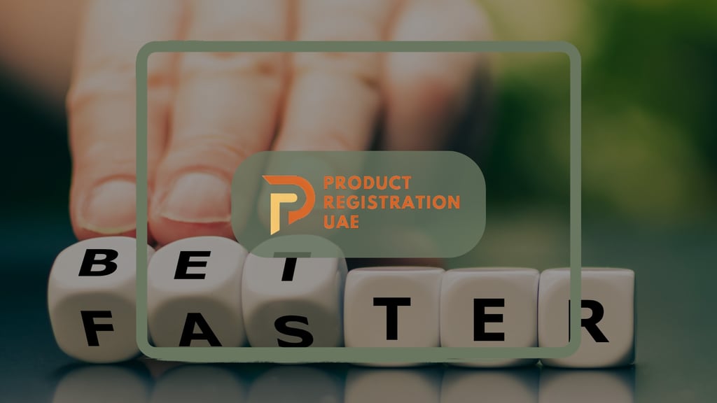 Hand flipping dice to spell “Be Faster” with Product Registration UAE logo overlay, symbolizing speed in compliance strategy.