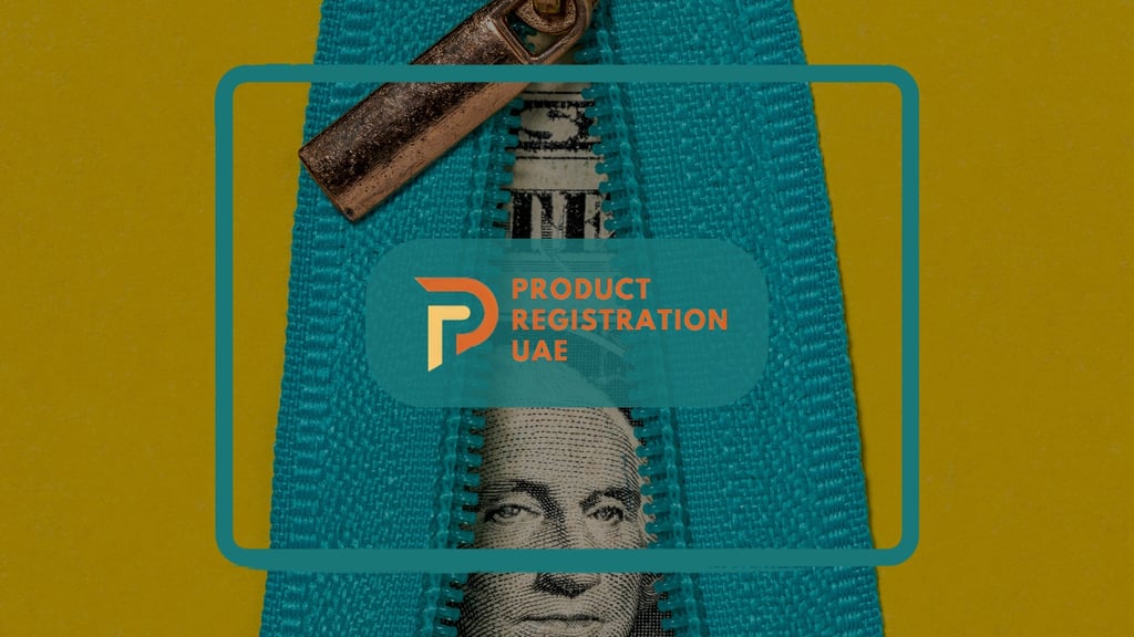 Zipped money background with Product Registration UAE logo, symbolizing hidden costs of product rejection.