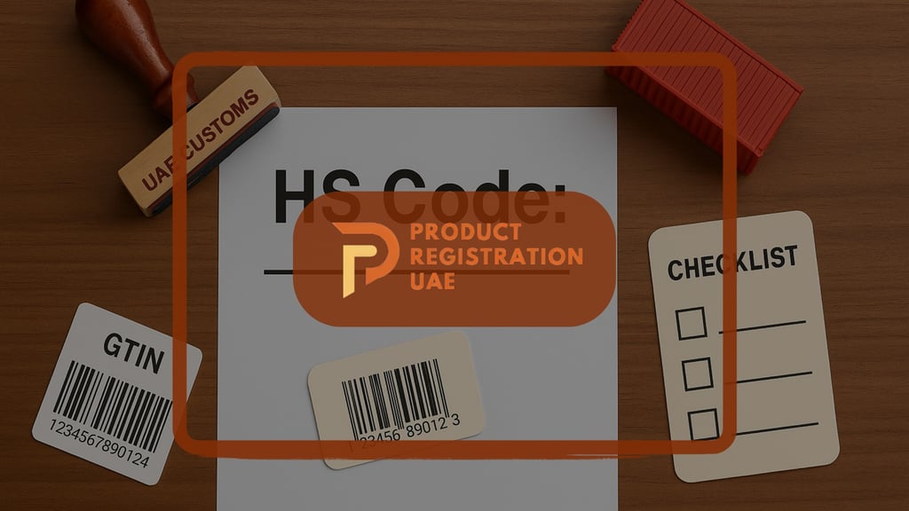 HS code document, UAE Customs stamp, GTIN barcodes, checklist, cargo container, Product Registration UAE logo.
