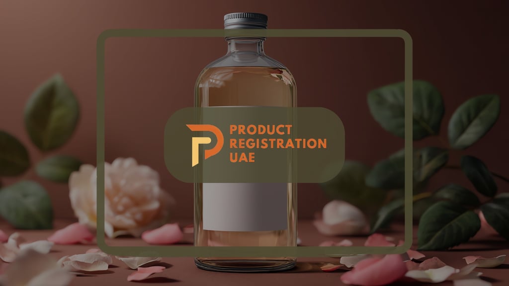 Glass cosmetic bottle with blank label among petals and leaves, symbolizing UAE label design and packaging compliance.