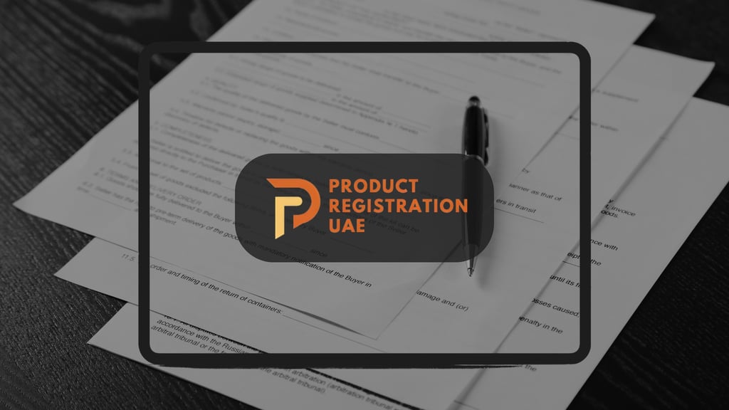 Stack of registration documents with pen, overlaid by Product Registration UAE logo, 