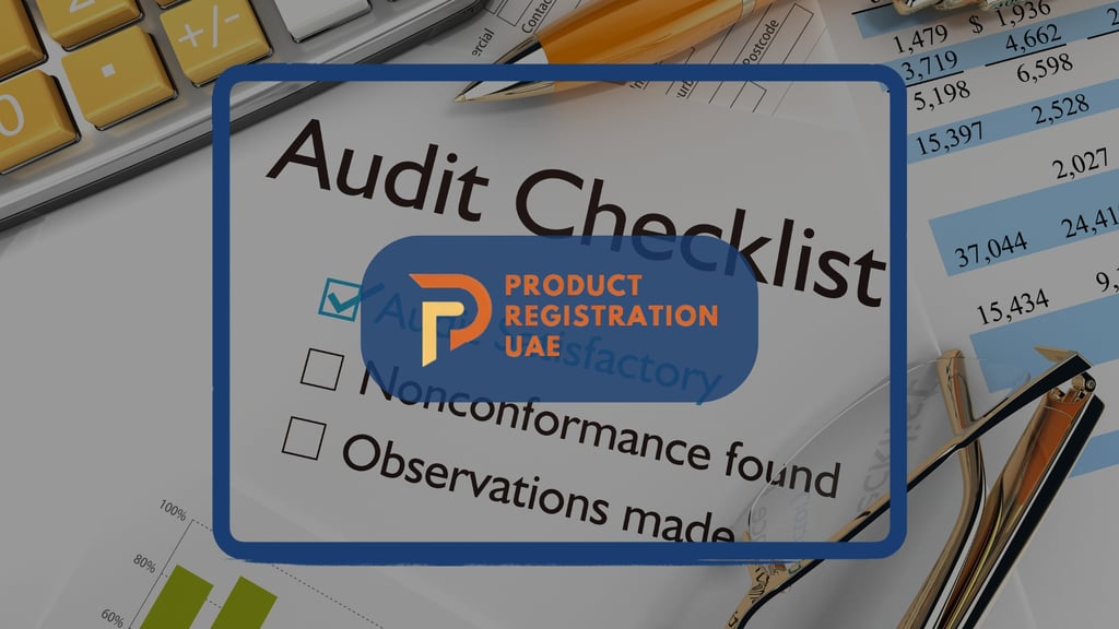 Checklist and documents for a quality assurance audit in UAE product registration, showing compliance review and data charts