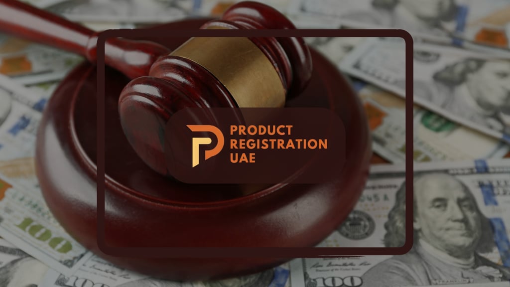 Judge's gavel resting on US dollar bills for penalties, overlaid with Product Registration UAE logo