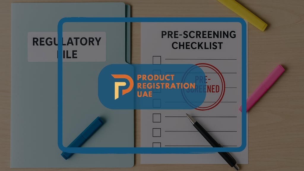 Pre-screening checklist stamped approved next to regulatory file folder for UAE product registration compliance.