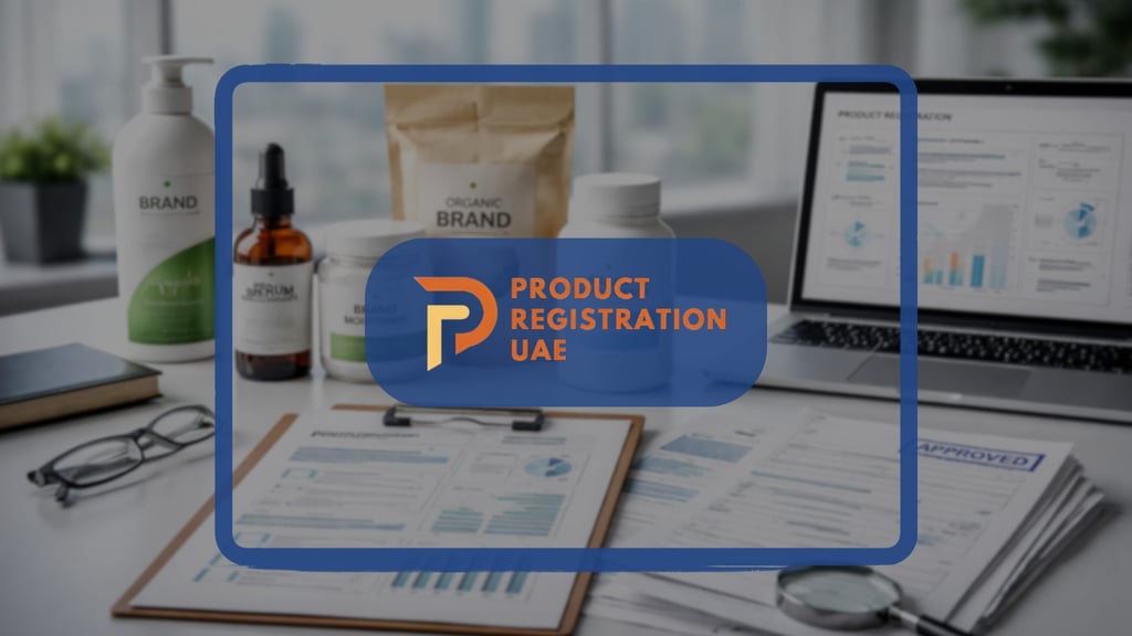 Private label product registration UAE compliance review with branded consumer products and regulatory documents on desk