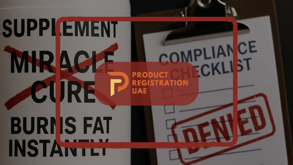 Supplement bottle with “burns fat instantly” claim flagged as denied compliance checklist,Product Registration UAE.
