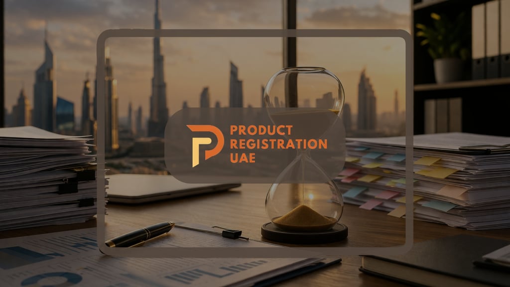 registration delays in UAE visualized with hourglass, compliance documents, Dubai skyline, and PRUAE logo centered