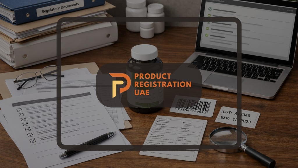 Regulatory submission checklist image with Product Registration UAE logo centered on compliance documents & label review desk