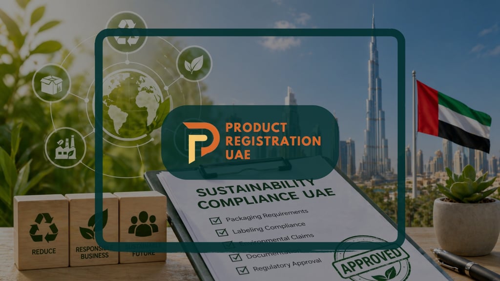 sustainability compliance UAE concept with eco icons, product approval checklist, and Dubai skyline background