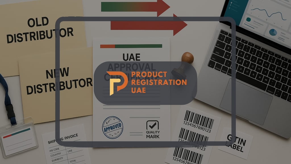 Old vs new distributor folders, UAE approval certificate, stamp, laptop, and GTIN barcodes showing a distributor switch.
